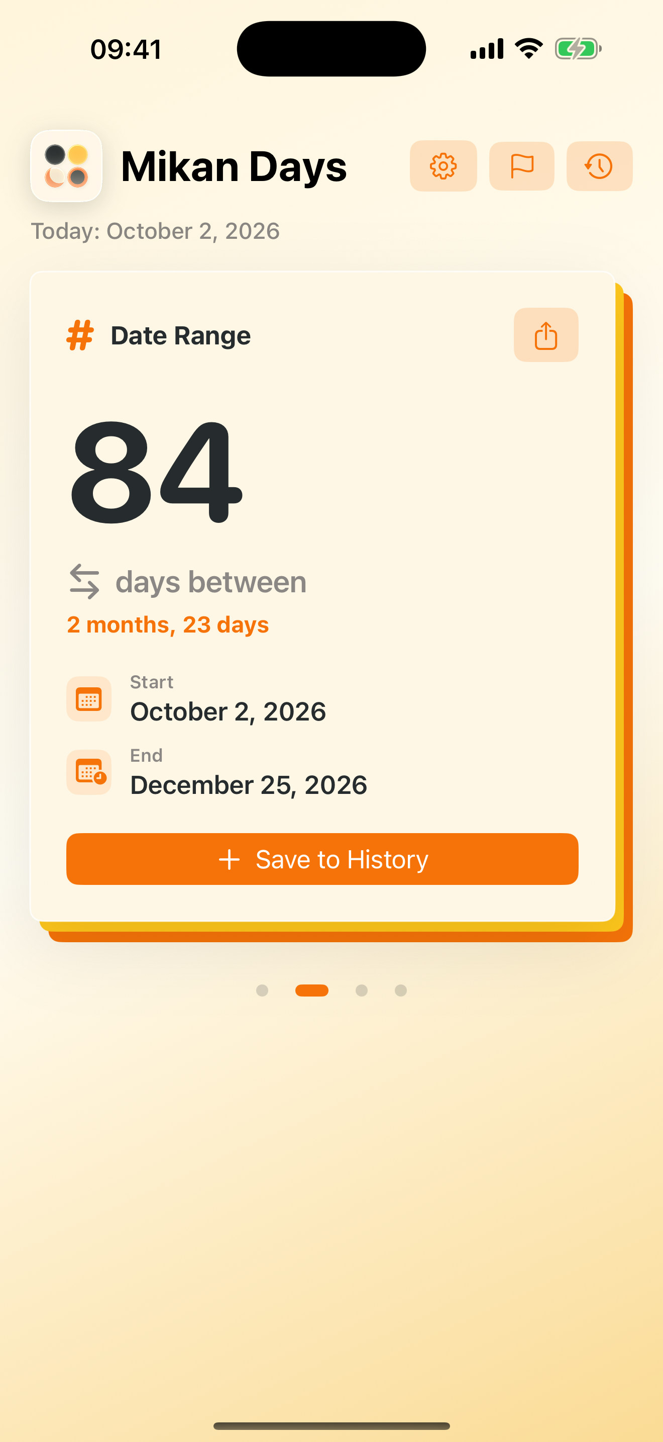 Mikan Days Date Range showing October 2 to December 25, an 84-day result, and Save to History.