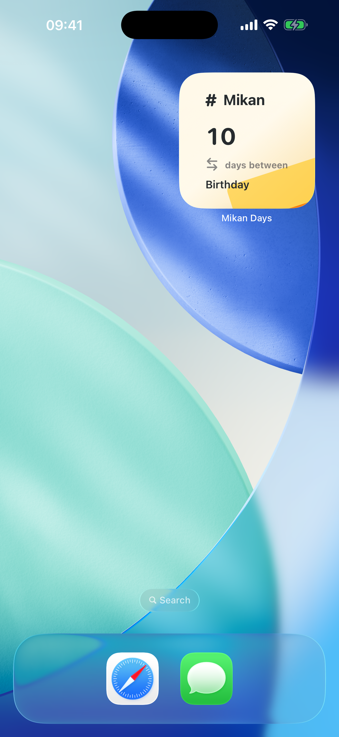 An iPhone Home Screen with a small Mikan Days widget showing a saved Birthday calculation.