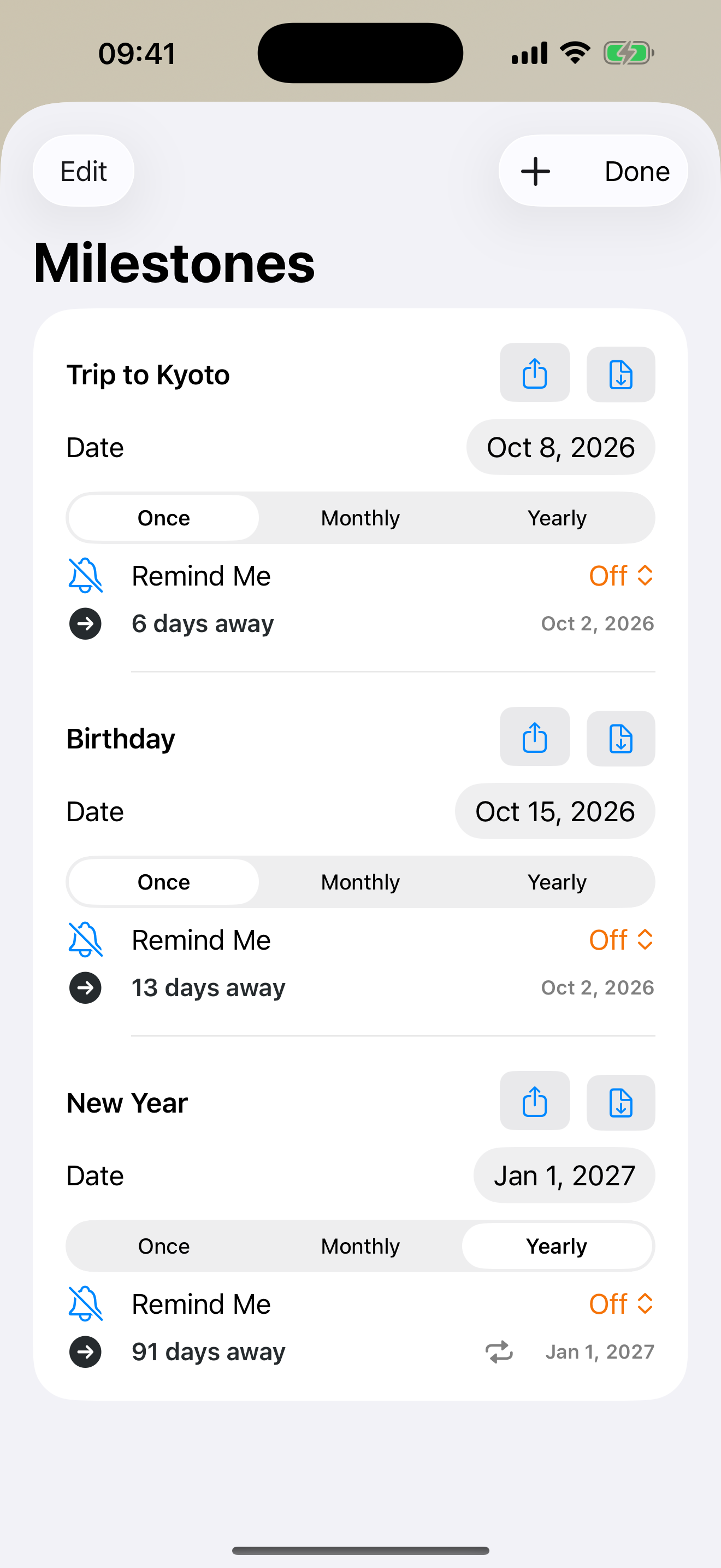 Mikan Days Milestones showing named dates, Once, Monthly and Yearly repeat options, and Remind Me.
