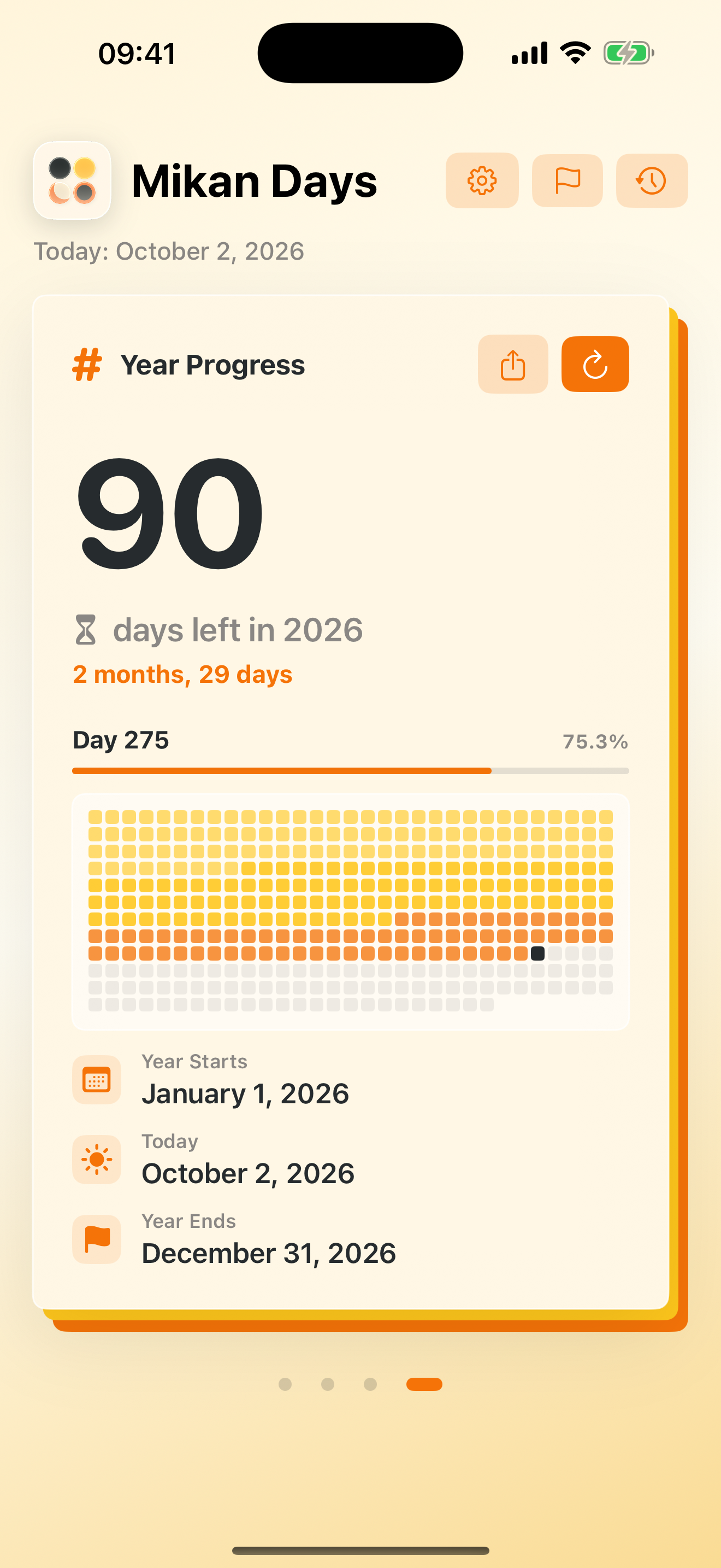 Mikan Days Year Progress showing the day of the year, days left, percentage, and a colored grid of days.